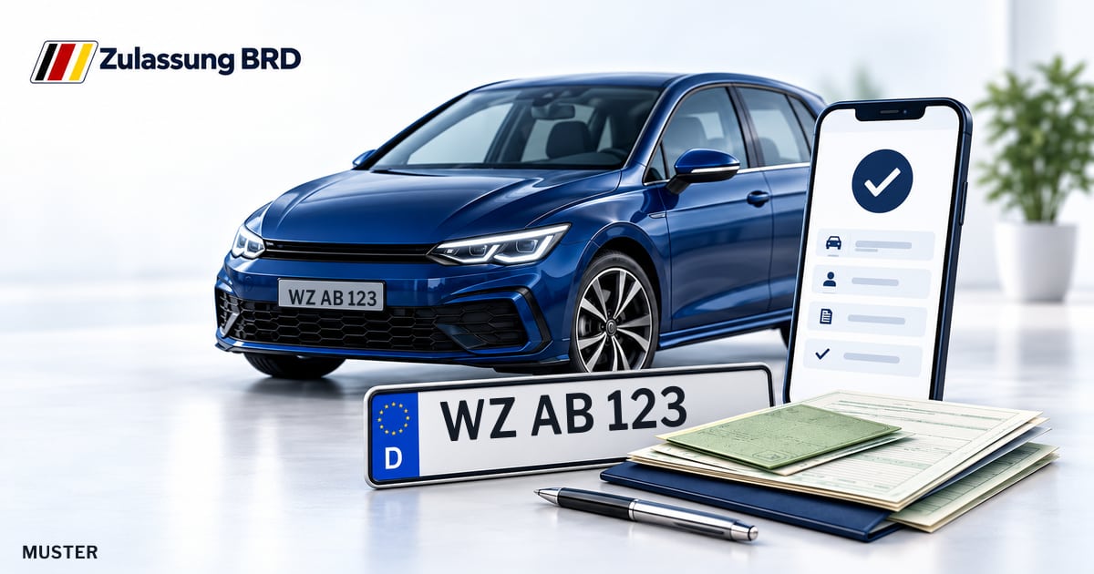 Online Fahrzeugzulassung in Schöffengrund: Musterkennzeichen WZ AB 123, Auto und Fahrzeugpapiere und Smartphone. Illustration mit Logo von Zulassung BRD.